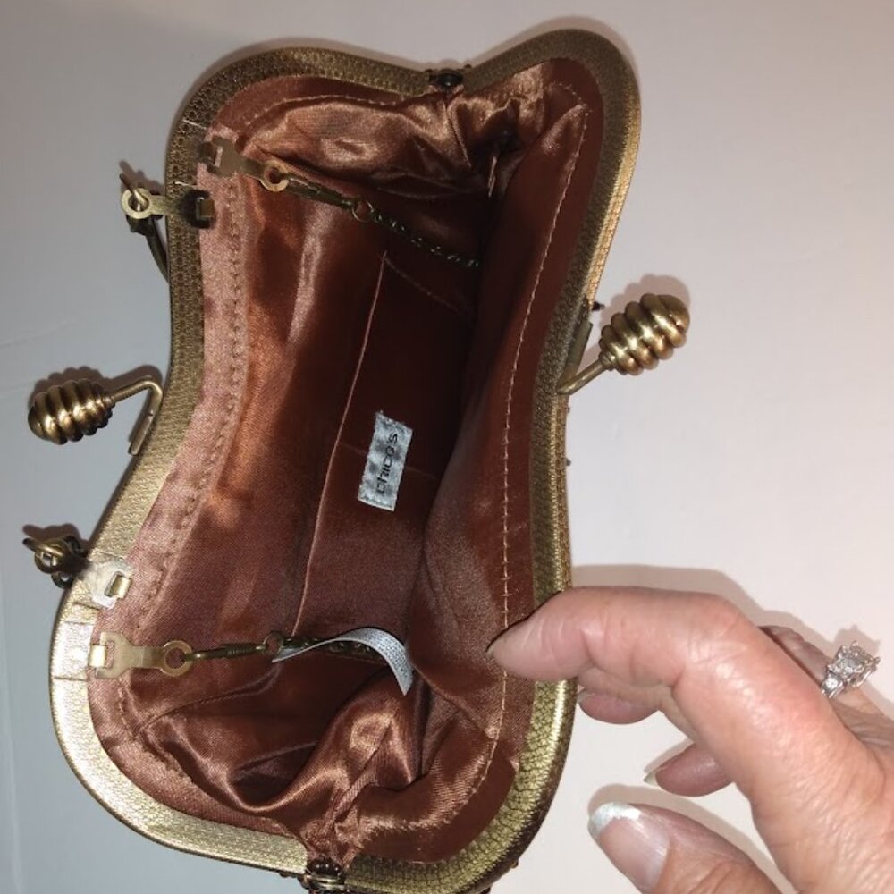 Chico's: Brown purse with ceramic stones & beads, chain strap and metal handle. - Picture 3 of 6